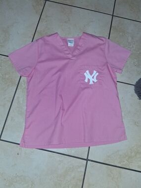 Cherokee Pink V-Neck Tee with White NY Yankees  Logo SMALL